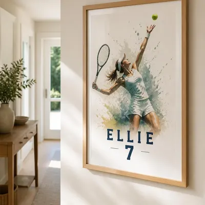 Oak framed personalised tennis print in a bright hallway