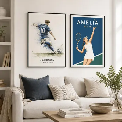 Two framed personalised Playprints sports art prints on a warm white living room wall